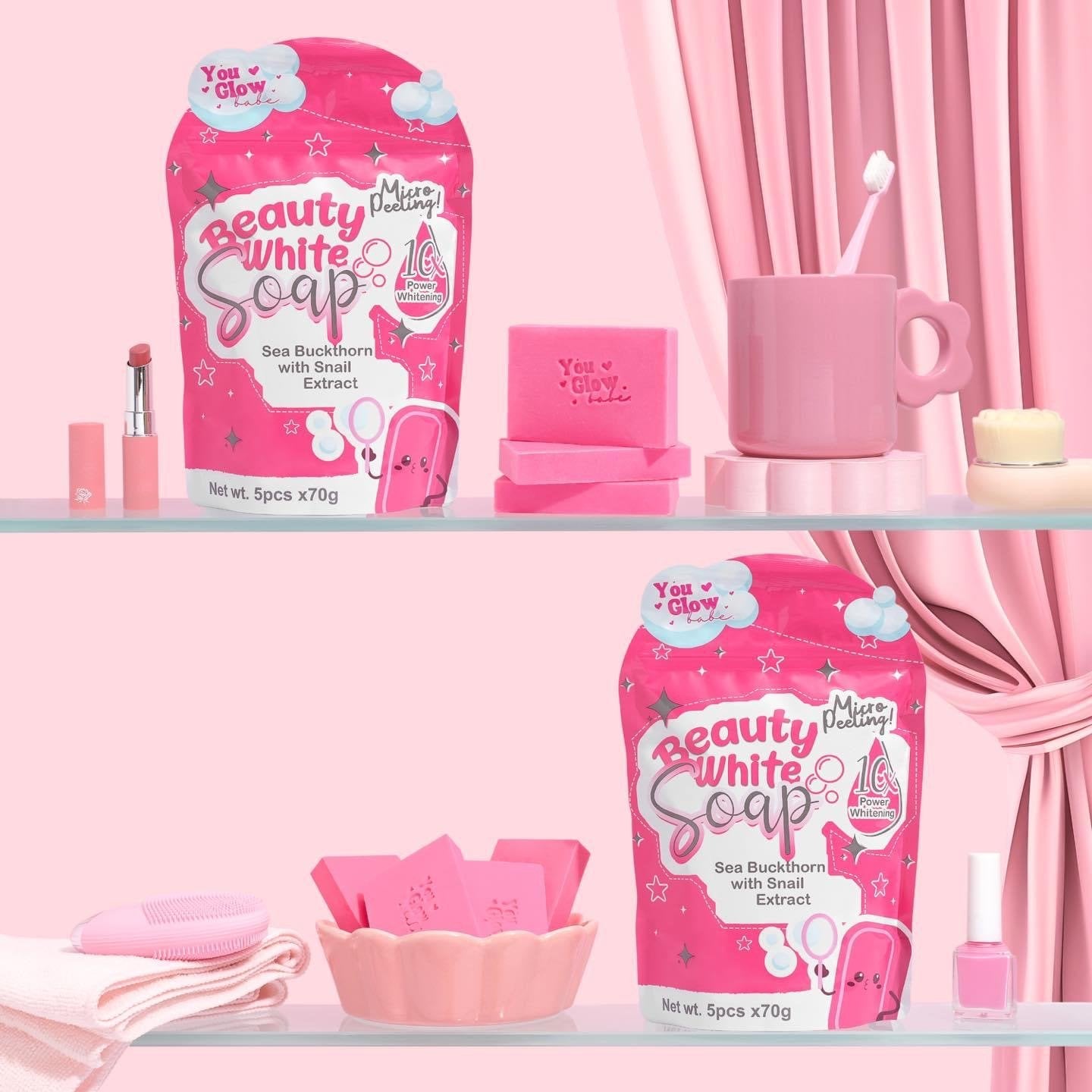 You Bright Glow  Beauty White Soap Micro Peeling 10x Power Whitening 70g (5 Bars Per Pouch)