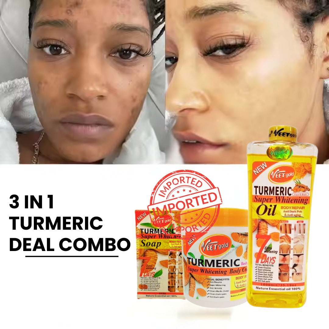 Turmeric Bright Glow 3 in 1 Deal Essential Oil (1000ml) + Body Cream (750g) + Turmeric Soap ( 250G ) (Original Import)